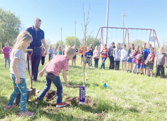 THE STUDENTS OF STERLING ELEMENTARY SCHOOL celebrated Arbor Day on Monday, April 29 by planting a tree at the park. Zach Lempka, 4th grade teacher, watches as the students take turns packing dirt around the tree.