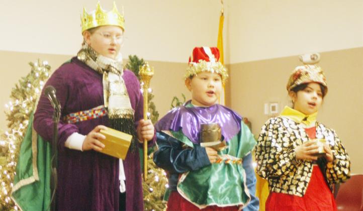 PROPHETS LONG FORETOLD IT was a play presented by the students at St. Andrew’s School in Tecumseh on Wednesday, December 14. The Three Kings, from the left: Gaspar, Prezleigh Hazen; Melchior, Samuel Serrano; and Balthazar, Alexa Pinedo-Pena, brought gifts of gold, frankincense and myrrh to the baby Jesus – the Savior.