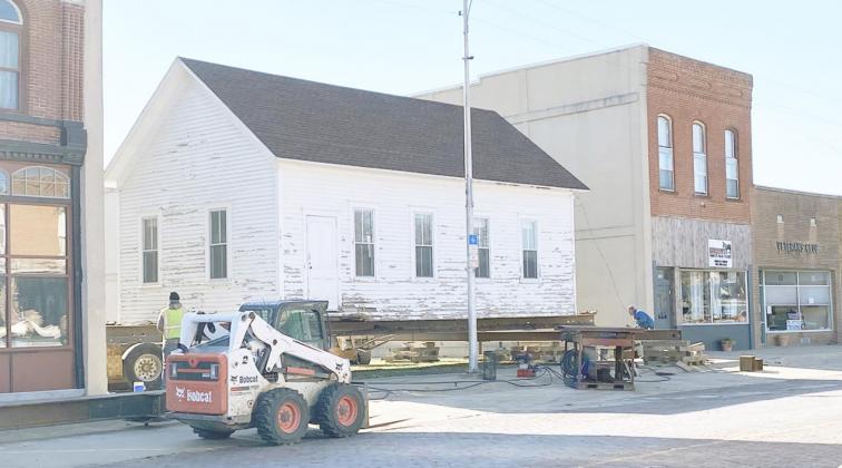 THE HEDGE CORNER SCHOOL was moved into place west of the Johnson County Museum at 3rd &amp; Clay Streets in Tecumseh on Thursday, November 12. Carol A. Sisco/Chieftain