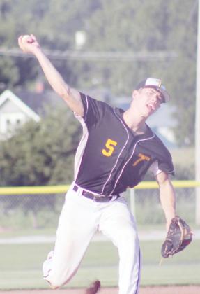 ELI WARING (5) pitched the entire game against Elmwood-Murdock-Nehawka in the opening round of the seniors division of the Southeast Nebraska Conference baseball tournament.