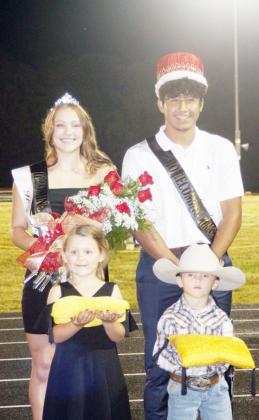 JOHNSON COUNTY CENTRAL’S 2020 HOMECOMING ROYALTY: Queen Saylor Rother and King Uriel Cabrales; front row are crownbearers Josie McCoy and Garrett Burgett.