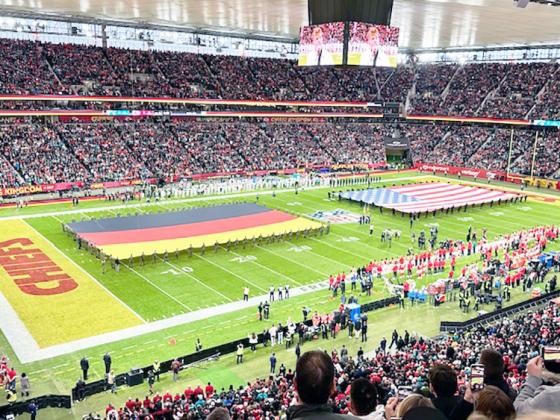 BOTH THE AMERICAN AND GERMAN FLAGS were displayed and both national anthems sung at the Kansas City Chiefs vs. Miami Dolphins game played in Frankfurt, Germany.