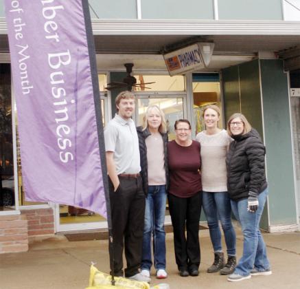 THE TECUMSEH CHAMBER OF COMMERCE kicked off their Business of the Month recognitions for 2023 with the Chief Drug Store. Zach Kaster, pharmacist, stands with the Tecumseh Chamber of Commerce officers Sheila Deardon, secretary; Karen Lempka, treasurer; Kerri Miller, vice president; and Patti Holthus, president.