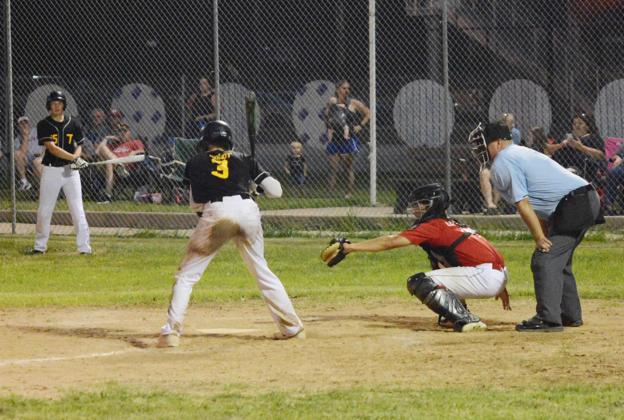 SAM BOLDT bats during the Tecumseh American Legion Seniors game with Auburn Friday night, July 17. In the Juniors game earlier that evening, Boldt had 2 hits including a double, scoring 3 times, driving in a run and stealing a base. The Seniors lost 0-10 after the Juniors pulled out a 7-3 triumph. Nemaha County Herald photos by Kendall Neiman