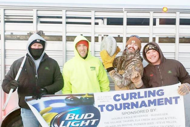 THE WINNING TEAM IN THE MEN’S DIVISION of the Curling Turnament was comprised of, from the left: Spencer Beethe, Lance Beethe, Tyler Vock, and Cole Beethe.