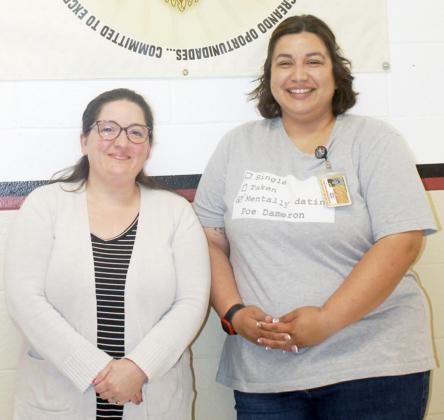 KATIE RADKE AND DAISY MEJIA, from the left, are working together this summer as Katie prepares to take over Daisy’s position as administrative secretary for Principal Rick Lester at Johnson County Central Schools. Daisy is moving on to Schuyler where she will be a teacher.