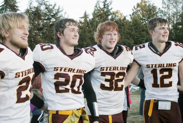 DEREK BUSS, GARRETT HIER, ANDREW RICHARDSON, AND SAM BOLDT, along with Kaleb Masur who was not pictured due to an injury he suffered at the end of the second quarter, have been playing Sterling Jet football together since junior high.