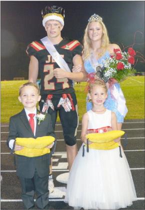 Alt Text for ImageJOHNSON COUNTY CENTRAL’S HOMECOMING King, Wyatt Ludemann, and Queen, Sunnie Rother, (back row) were crowned on the football field. Crownbearers were Henry Rolf and Emersynn Gartner.