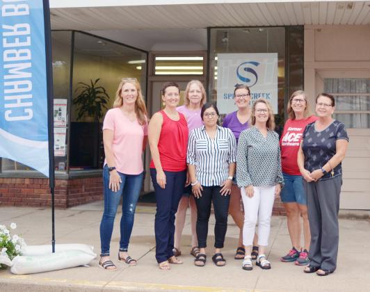 THE SPRING CREEK AGENCY, LLC, was chosen as the Tecumseh Chamber of Commerce’s Business of the Month for August. Pictured from left to right, are Kerri Miller, Chamber vice president; Kim Wellensiek, owner of Spring Creek Agency, LLC, Sheila Deardon, Chamber secretary; Elisa Prado, Spring Creek Agency office assistant, Jenna Schultz, Chamber member; Kris Loeck, Spring Creek Agency office assistant, Patti Holthus, Chamber president; Karen Lempka, Chamber treasurer. Wickett/Chieftain Ann