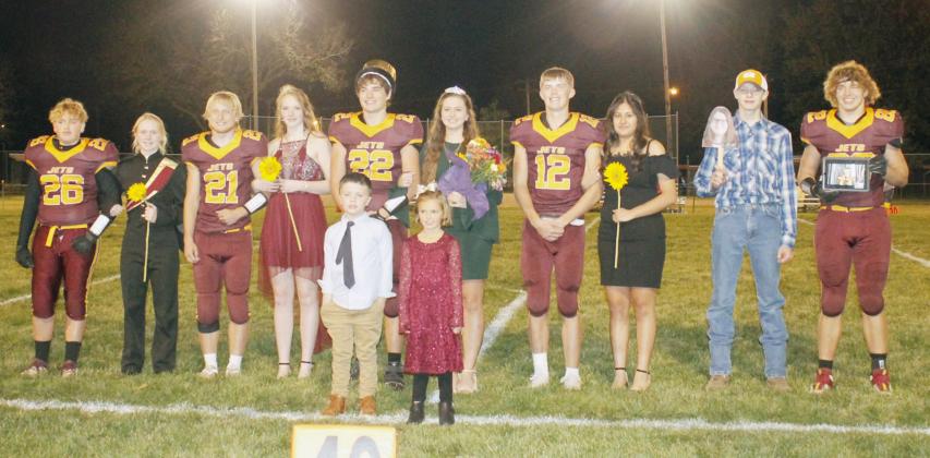 STERLING HOMECOMING ROYALTY 2020: From the left: Back row - Freshman Attendants Hayden Vollman and Ellie Lafferty, Derek Buss and Kaitlyn Wusk, Homecoming King Kaleb Masur, Homecoming Queen Tara Walters, Sam Boldt and Bianca Gonzalez, Sophomore Attendants Mark Hiatt holding a photo of Kaylin Smith; Junior Attendants Tanner McDonald holding a photo of Dakotah Ludemann. Front row - 2020 Crownbearers, from the left, Crew Heusman and Frannie Pella. Photo by Ann Wickett